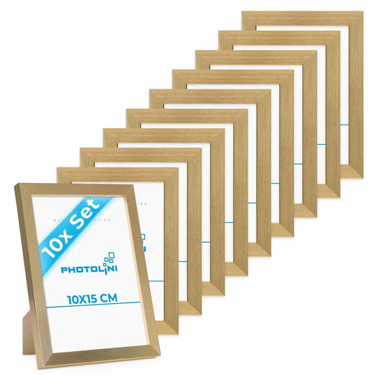 PHOTOLINI Picture Frames 4x6 Gold MDF Wood, 10-piece Poster Frames, shatterproof acrylic glass, for hanging & standing, extra accessories - for photos & posters