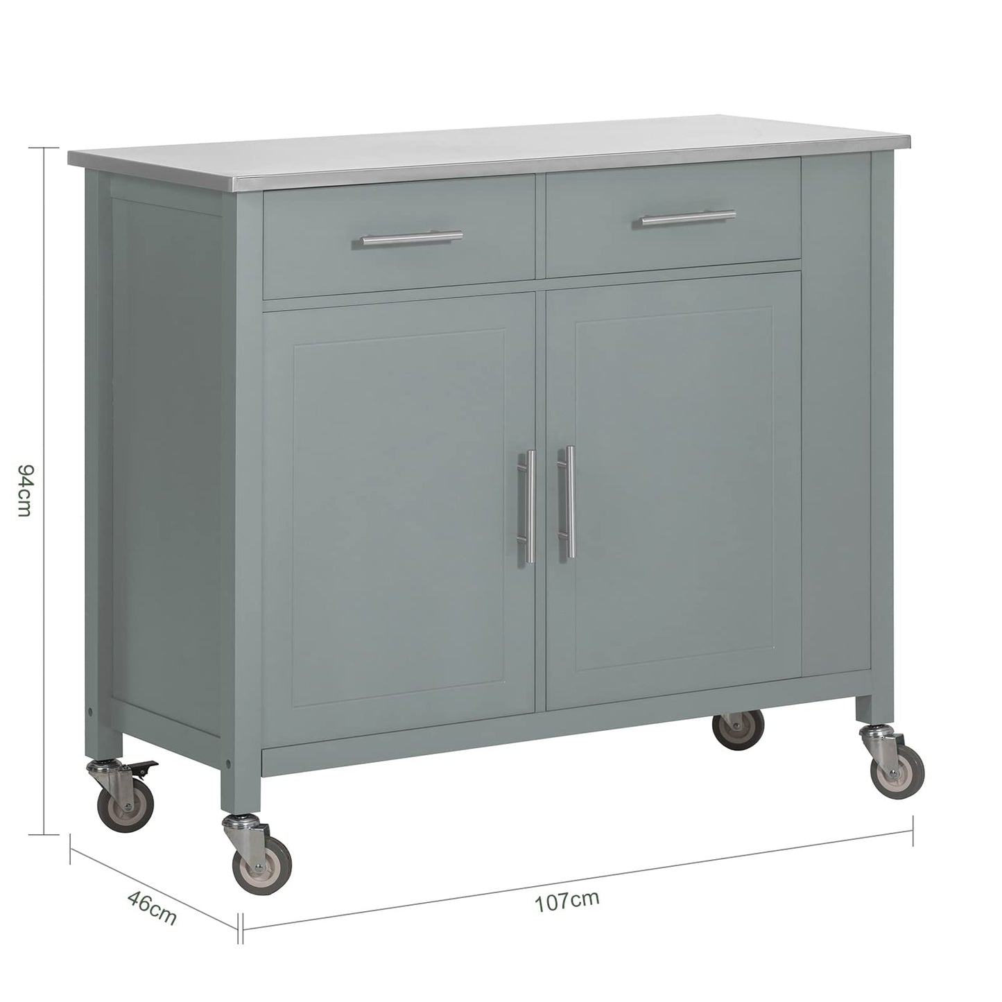 SoBuy kitchen trolley with stainless steel top, rolling cart with side shelf, sideboard, kitchen island, kitchen cabinet & serving cart on wheels, mobile trolley for kitchen organization in gray, 107x94x46 cm FKW108-HG.