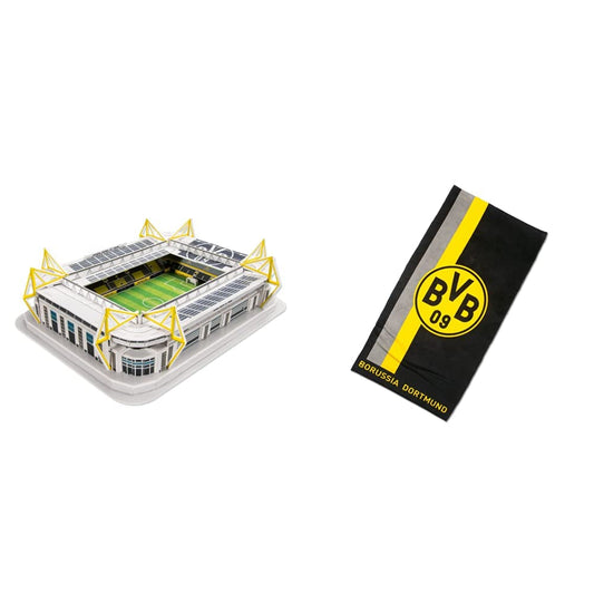 Borussia Dortmund BVB-3D stadium puzzle, multicolored & BVB towel with logo in striped pattern (50x100cm)