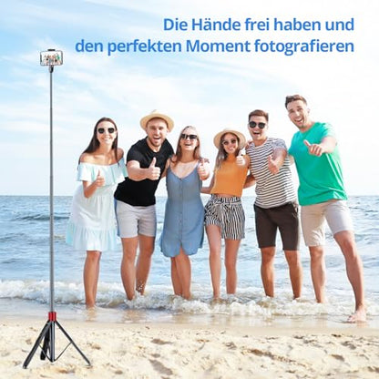 ATUMTEK Selfie Stick 150CM 3 in 1 Selfie Stick Bluetooth Telescopic Selfie Stick Tripod with Detachable Remote Phone Tripod for iPhone 13 Pro Max, Samsung, and other smartphones Red
