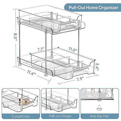 DEKAVA Under Desk Organizer, 2 Pieces, Bathroom Cabinet Organizer, 2 Layers, Sliding Door Basket, Drawer, Multi-purpose Bathroom Storage Baskets for Bathroom (Transparent)