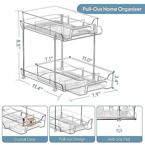 DEKAVA Under Desk Organizer, 2 Pieces, Bathroom Cabinet Organizer, 2 Layers, Sliding Door Basket, Drawer, Multi-purpose Bathroom Storage Baskets for Bathroom (Transparent)