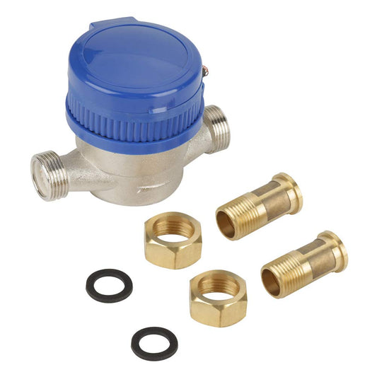 Water meter - 15mm 1/2 inch cold water meter flow with fittings for home and garden