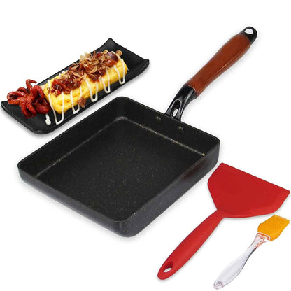 Artcome Japanese omelette pan Tamagoyaki egg pan Rectangular mini frying pan with silicone spatula and brush, black plate (Black)