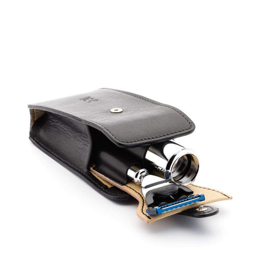 MÜHLE Travel Set - Silvertip Fibre brush, compatible with Gillette blades, black leather case - chrome metal handles