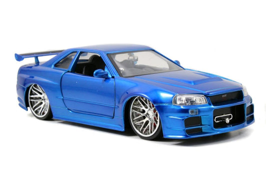 Jada Toys Fast & Furious Brian's 2002 Nissan Skyline GTR-R R34, car, die-cast toy car, opening doors, trunk & hood, 1:24 scale, blue.