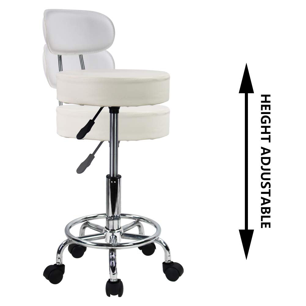 KKTONER Rolling Stool Office Chair, height adjustable, swivel stool with low backrest and footrest, made of white PU leather.
