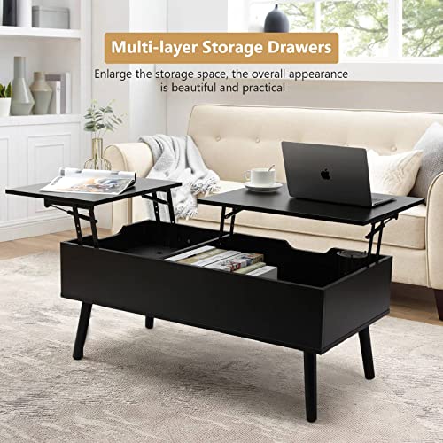 VOWNER coffee table, adjustable height, extendable, retractable, separate hidden storage compartment, double lift top, living room table, black walnut color.