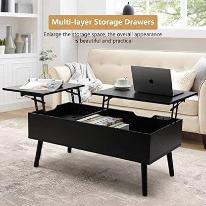 VOWNER coffee table, adjustable height, extendable, retractable, separate hidden storage compartment, double lift top, living room table, black walnut color.