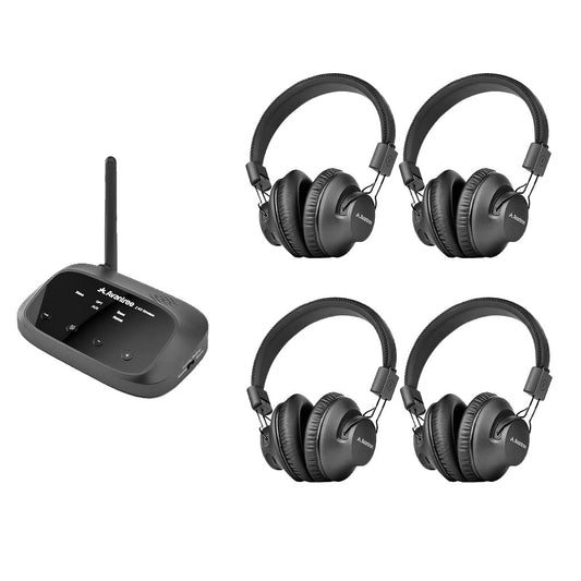 Avantree Quartet Wireless Headphones 4 Pack, Excellent HD Sound, Up to 100 Meters, Quiet Disco Party Package, 2 EQ Modes, Assistive Listening System for Outdoor Movie School, Church, TV