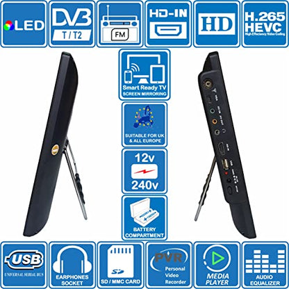 Unispectra® 14" TV 12V / 230V HD LED DVB-T/T2 (free to air) Screen mirroring technology USB PVR & Media player, HDMI. 12V TV for motorhomes, caravans, camping, trucks, boats, kitchen.