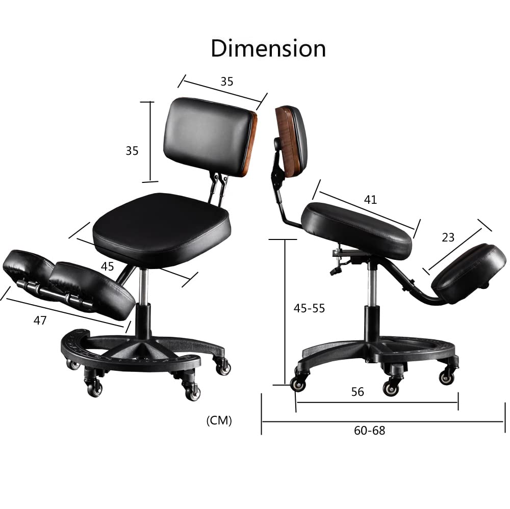 YOOTMEEN YDM-1458-2C ergonomic office kneeling chair with back support, adjustable height and angle, upright sitting position, thick comfortable cushions, black with walnut wood finish.