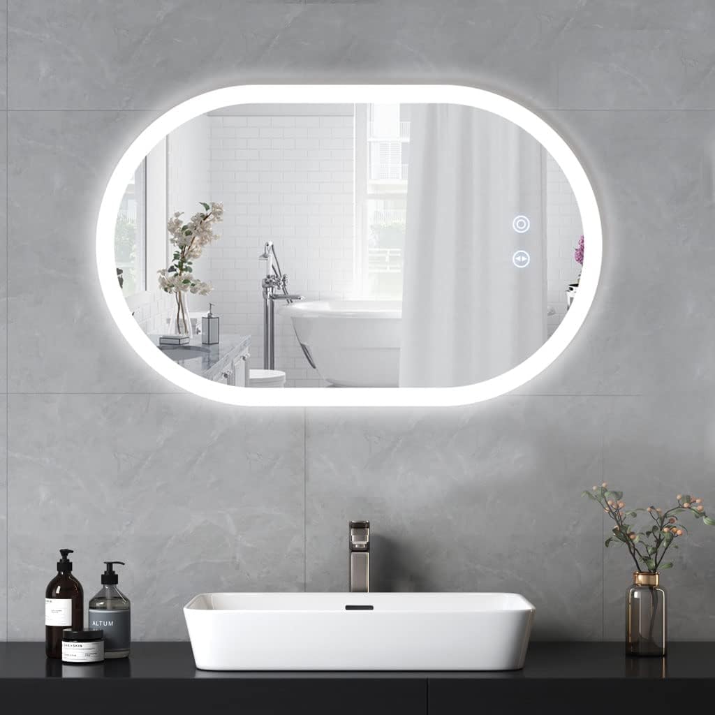 YOLEO bathroom mirror with lighting oval, dimmable 70x50cm, fog-free wall mirror with touch switch, 3 light colors, 6500K.