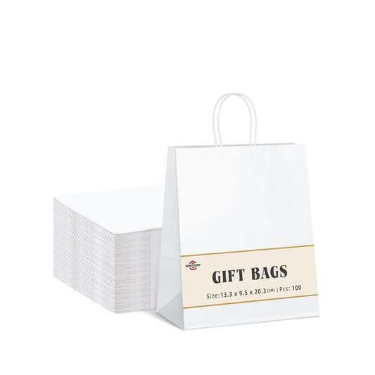 Switory 100 Pack Paper Bags Gift Bags White Kraft Paper Bag with Handle for Gifts, Party, Birthday, Crafts, Retail (13.3 x 9.5 x 20.3 cm)