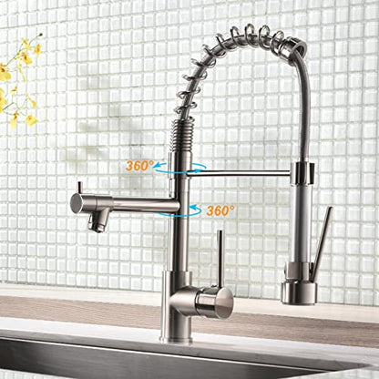 AIMADI Kitchen Faucet with Sprayer 360° Swivel Mixer Tap Pull Down Spring Kitchen Sink Faucet Brushed Nickel Spiral Spring Faucet