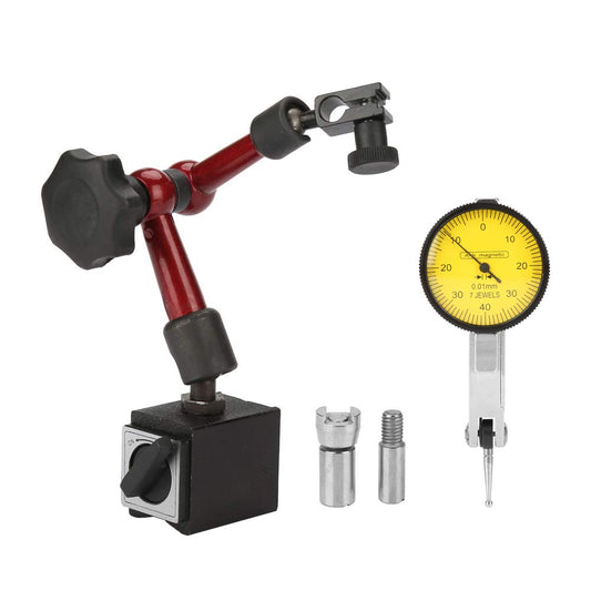 0~0.8mm flexible strong magnetic base holder + lever dial gauge (0.01mm resolution), for measuring surfaces in tight or recessed areas.