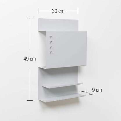 Offer wall organizer Hepe made of steel structure. 30 x 9 x 49 cm 3-in-1 wall shelf with magnetic board and magnets. Board for keys, newspapers, and notes. Gray color.