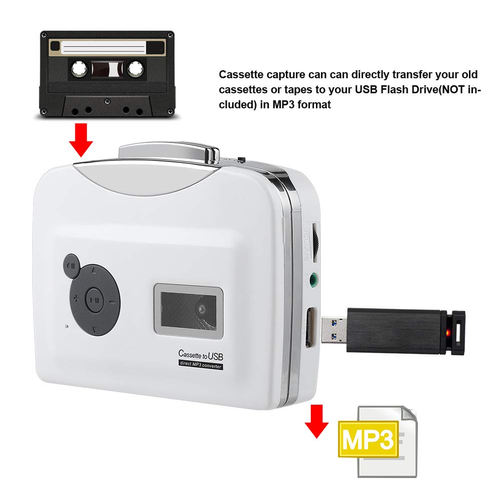 Standalone cassette player, USB cassette to MP3 converter directly onto USB disk audio music player with headphones.