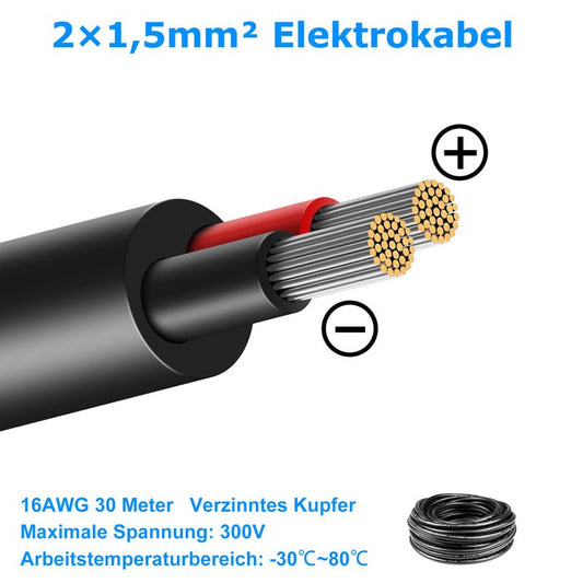 30 Meter 16AWG 2x1.5mm² electrical wire, 2-core cable 5V/12V/24V power cord Tinned copper cable, flexible and soft, low impedance, high temperature resistance extension cord.