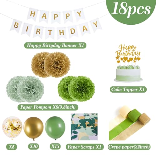 EASY JOY Sage green party decorations, Golden Happy Birthday banner, sage green and gold balloons, tissue paper pompons, olive green confetti dots decor, Neutral birthday party accessories.