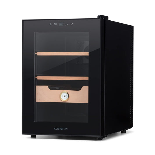 Klarstein El Presidente Cigar Humidor - thermoelectric humidor cabinet with glass door, cedar wood trays, hygrometer, LED interior lighting, 37 liters, black