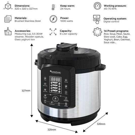 TurboTronic Pressure Cooker 6L with 2x stainless steel and coated pot, steamer, multi cooker, electric pressure cooker, steam cooker Silver