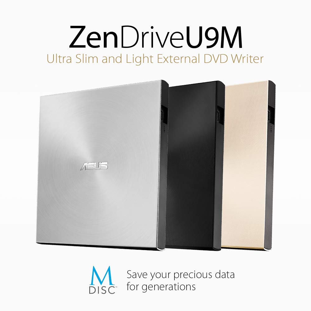 Asus ZenDrive U9M external DVD burner (for Apple MacBook & Windows PCs/Notebooks, incl. USB-C cable, burning software & Nero Backup App, M-Disc support, USB 2.0) silver