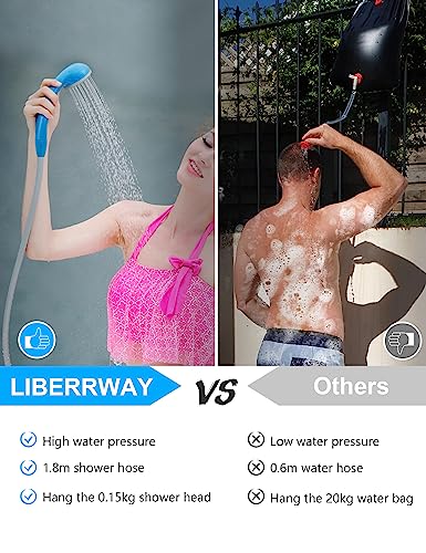 LIBERRWAY camping shower with pump, 45-60mins battery camping shower outdoor with 2-3.5 L/min water flow rechargeable battery and 1.8m shower hose water pump for garden travel car washing