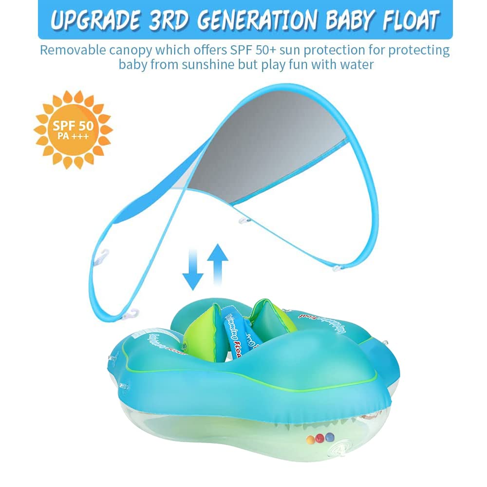 Baby swim ring with removable sun canopy, adjustable shoulder straps for sun protection. Inflatable swim ring for babies, swim trainer float for ages 3-36 months.