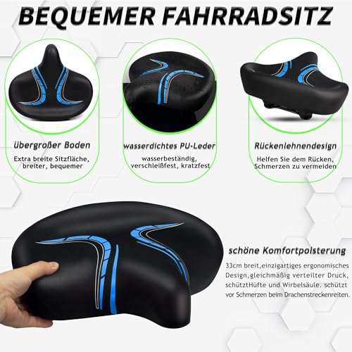 Oversized bike saddle for men & women - Comfortable, soft, extra wide, ergonomic, padded bike seat - Universal replacement bicycle saddle, suitable for mountain bike, city bike, e-bike, exercise bike.