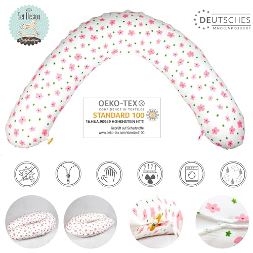 be Design XXL nursing pillow ergonomic 190x30, pregnancy pillow side sleeper pillow comfort pillow for adults and baby, muslin cover (muslin pink flowers)