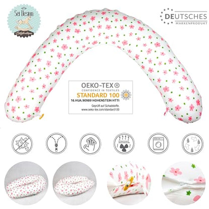 be Design XXL nursing pillow ergonomic 190x30, pregnancy pillow side sleeper pillow comfort pillow for adults and baby, muslin cover (muslin pink flowers)