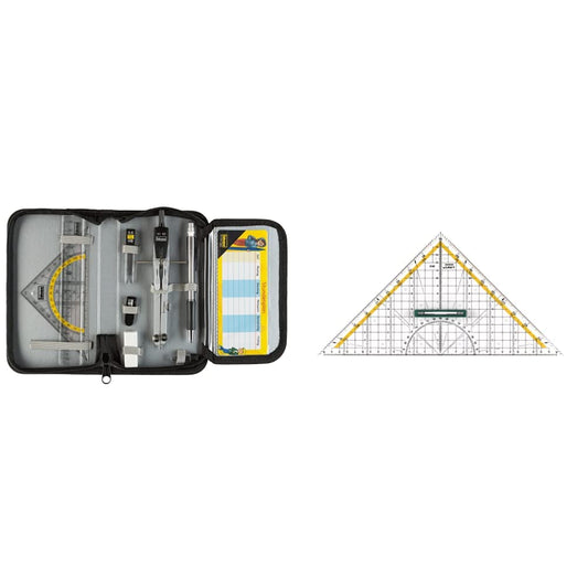 Idena 20066 - compass in case, 11-piece set, with protractor, ruler, spare leads for compass & Linex plastic protractor with handle, 30 cm, shatterproof and transparent