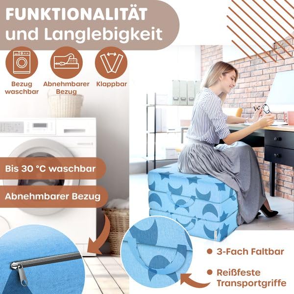 KESSER folding mattress 75 x 200 x 15 cm guest mattress 3-fold foldable as a seat stool foam mattress 25kg/m³ extra thick 15cm breathable washable Removable cover incl. Camping carrying bag
