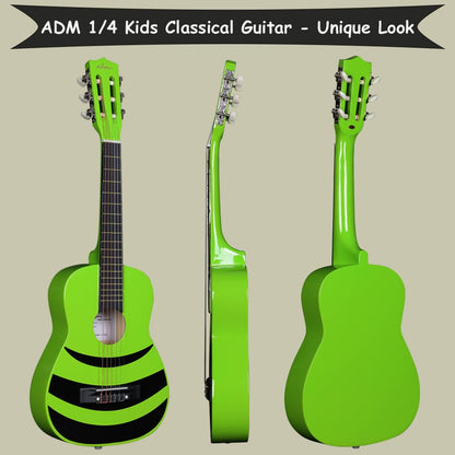 ADM 1/4 Children's Guitar Junior Classical Guitar for Beginners with Tuner, Bag, Strap, Extra Strings, and Picks, Green Honeybee
