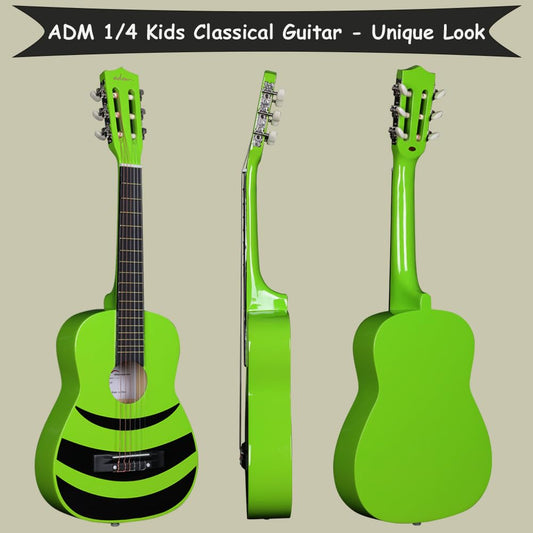 ADM 1/4 Children's Guitar Junior Classical Guitar for Beginners with Tuner, Bag, Strap, Extra Strings, and Picks, Green Honeybee