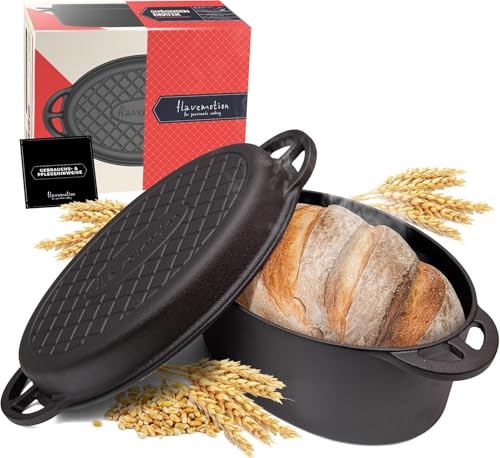 FLAVEMOTION cast iron pot with lid as a grill pan, 30cm, oval, 6.5kg, bread baking, stew pot - roaster & grill pan induction compatible, accessories