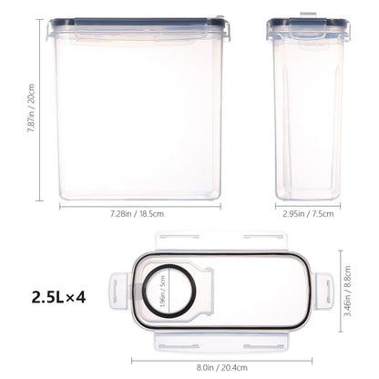 LUFEVRM 2.5L storage containers with lid, 4-piece airtight kitchen storage box sets, BPA-free plastic cereal dispensers for dry goods like cereal, flour, sugar, includes 24 labels.