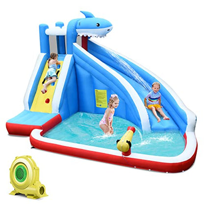 GOPLUS Inflatable Bounce House, Water Park with Slide/Climbing Wall/Basketball Hoop/Splash Pool, for Kids 4-12 Years, Kids Play Pool with Carrying Bag, 390x305x240cm (Shark, With Blower)