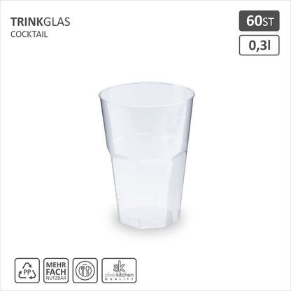Silverkitchen 60x Cocktail cups 300ml - reusable party cups Cocktail cups hard plastic reusable drinking cups Made In Germany Cocktail cups 0.3 l (60 pcs)