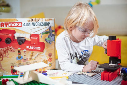 PLAYMAKE 4in1 Workshop - Creative workshop for kids 5+ - Tech toys for wood and cardboard - Safe tools for children - 4 functions in one toy - Made in Austria