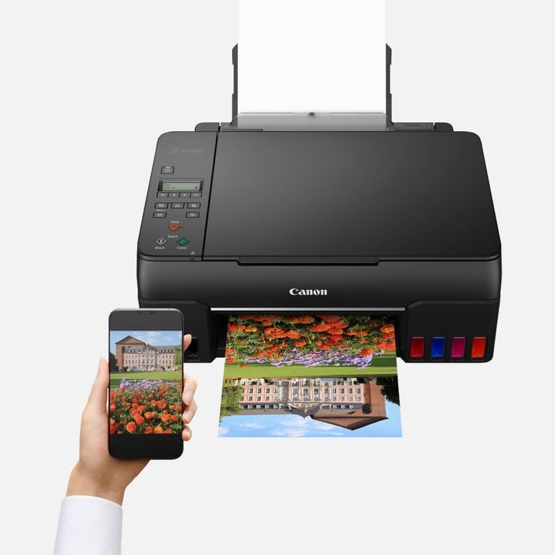 Canon PIXMA G650 MegaTank printer. Inkjet printer with scanner and copier functions. 4,800 x 1,200 dpi resolution, photo printing up to 4x6 inches. Features a LCD display, WLAN, wireless printing, and auto power on/off. Color: black.