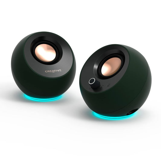 CREATIVE Pebble Pro 2.0 USB-C PC speakers with Bluetooth 5.3 and customizable RGB lighting, USB audio, and headphone/microphone jack.
