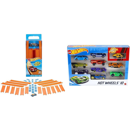Hot Wheels BHT77 Track Builder Straight Track Set, track set accessories & Wheels 54886 1:64 Die-Cast Car Gift Set, 10 toy cars, random selection, toy cars for ages 3+, 10-pack