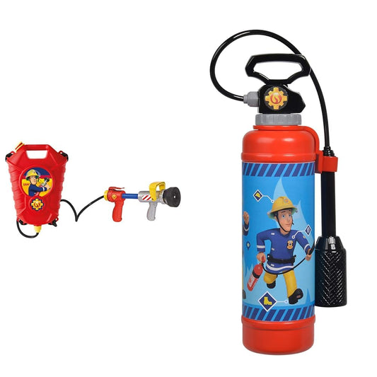 Simba 109252293 - Fireman Sam Firefighter Tank Backpack & 109252398 - Fireman Sam Fire Extinguisher Pro, with air pressure mechanism, tank volume: 900ml, 31cm, for kids aged 3 years and up