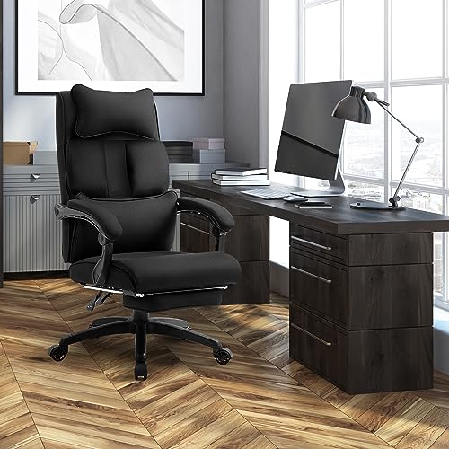 Dowinx office chair, ergonomic with footrest and padded armrest, fabric, high back swivel computer chair, adjustable executive chair up to 150 KG (Black)