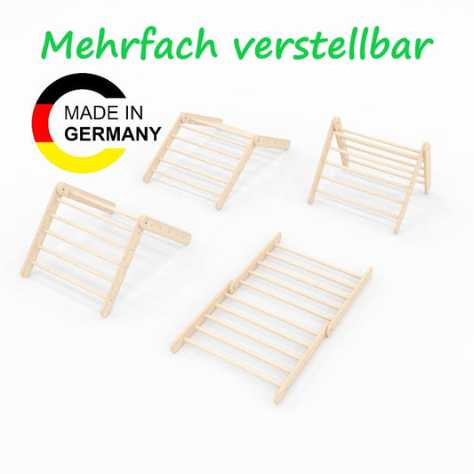 GOODEX Climbing Triangle with Slide is expandable and adjustable. Indoor climbing frame made of birch wood, suitable for babies and children from 10 months old. Can be used as a Pikler Triangle or as a folding ladder.