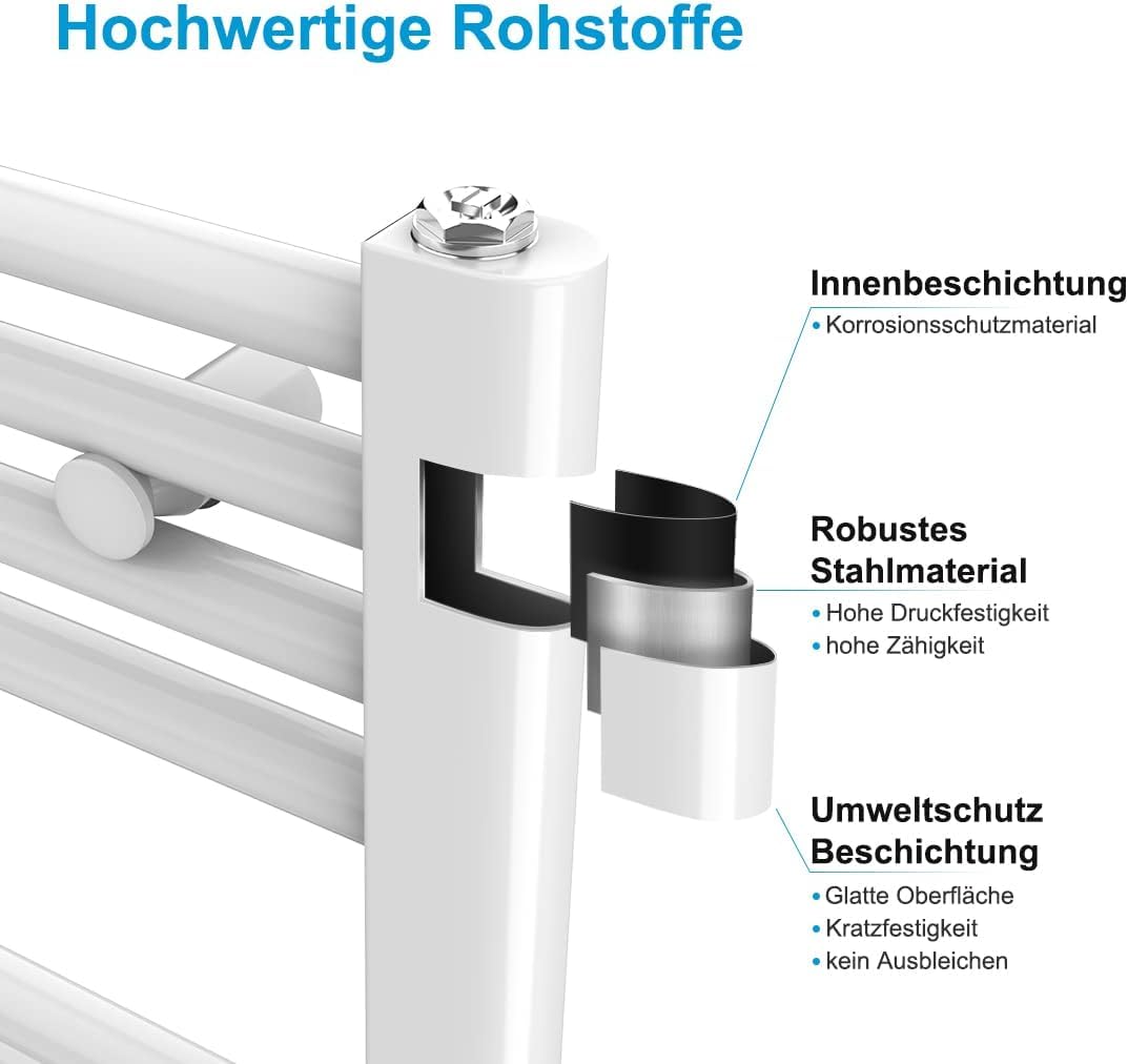 Heilmetz electric towel warmer 70x50cm with digital thermostat and timer function. Straight white towel radiator 284W.