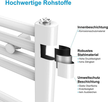 Heilmetz electric towel warmer 70x50cm with digital thermostat and timer function. Straight white towel radiator 284W.