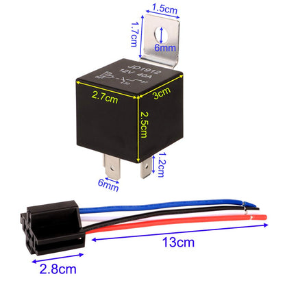 5-piece JD1912 auto relay wiring harness, 12V, 40A, 4-pole, SPST, 12 AWG, harness sockets with built-in diode for cars, trucks, vans, motorcycles, boats.